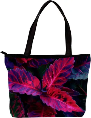 Tote Bag for Women, Large Tote Bag, Tote Bag with Zipper, Modern Botanical Pattern Purple Leaves, Tote Bags Women