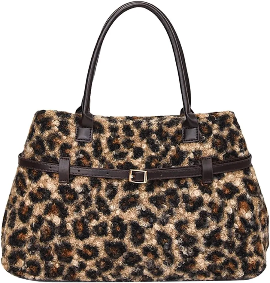 Tote Bag for Women,Leopard Plush Shoulder Bag with Belt Top-handle Bag 2024 Trendy Cheetah Print Purse,Work Handbag