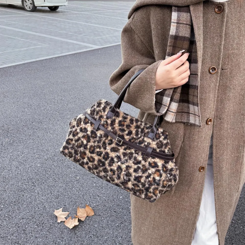 Tote Bag for Women,Leopard Plush Shoulder Bag with Belt Top-handle Bag 2024 Trendy Cheetah Print Purse,Work Handbag