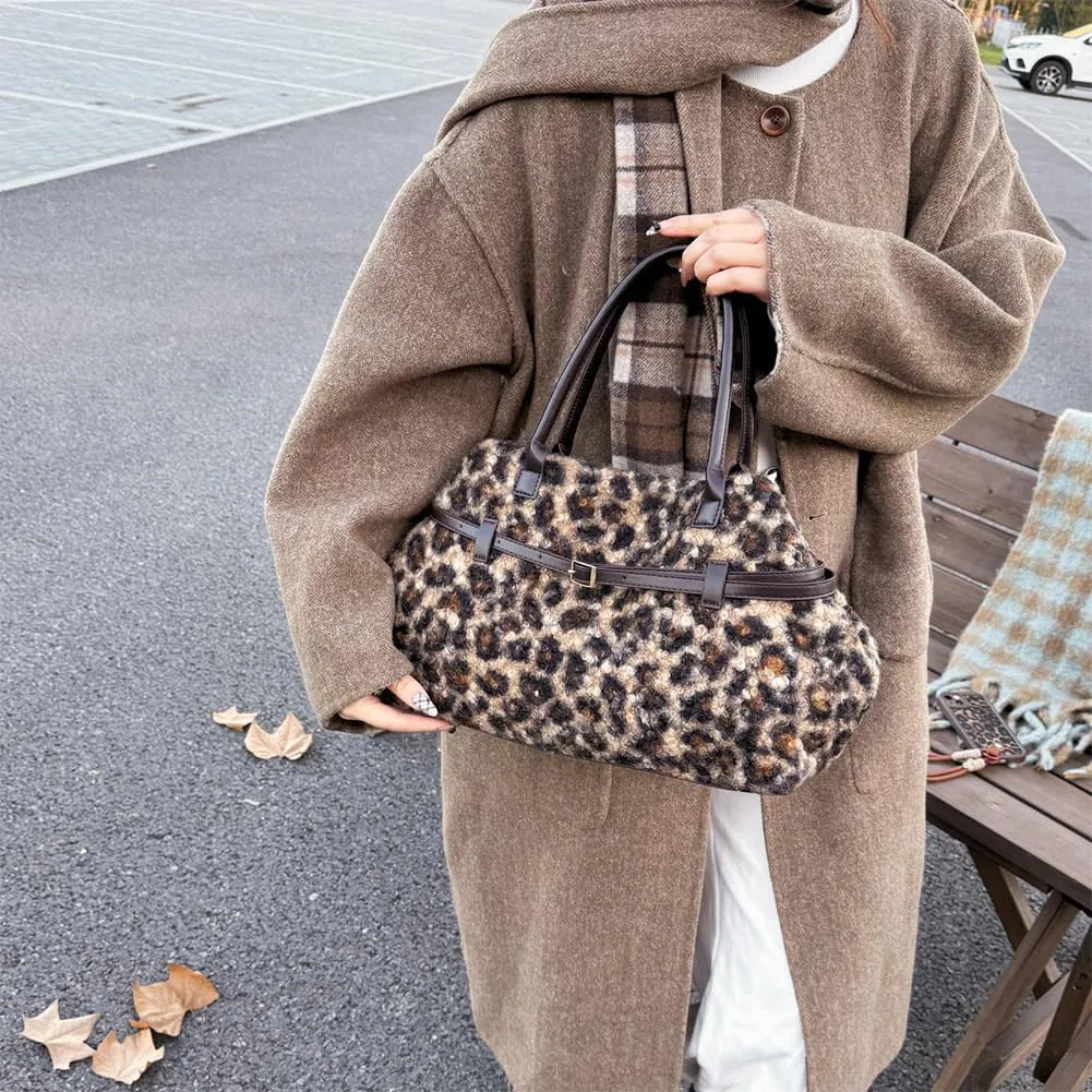 Tote Bag for Women,Leopard Plush Shoulder Bag with Belt Top-handle Bag 2024 Trendy Cheetah Print Purse,Work Handbag