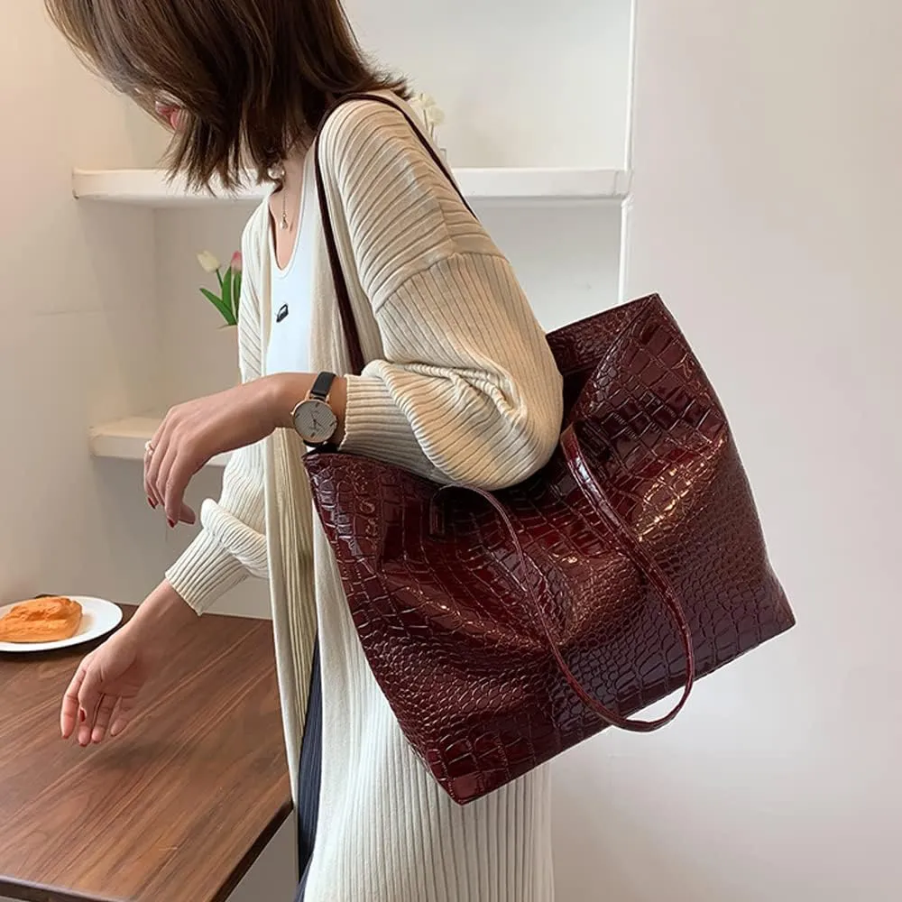 Tote Bags for Women Patent Faux Leather Handbags Large Purse Satchel Bag Hobo Handbag Shoulder Bag Minimalist, Wine Red