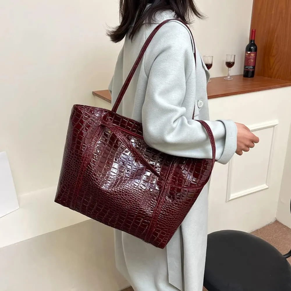 Tote Bags for Women Patent Faux Leather Handbags Large Purse Satchel Bag Hobo Handbag Shoulder Bag Minimalist, Wine Red