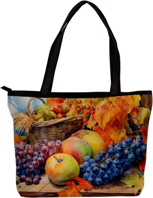 Tote Bags for Women,Womens Handbags,Small Tote Bag,Autumn Harvest Grapes Pumpkin