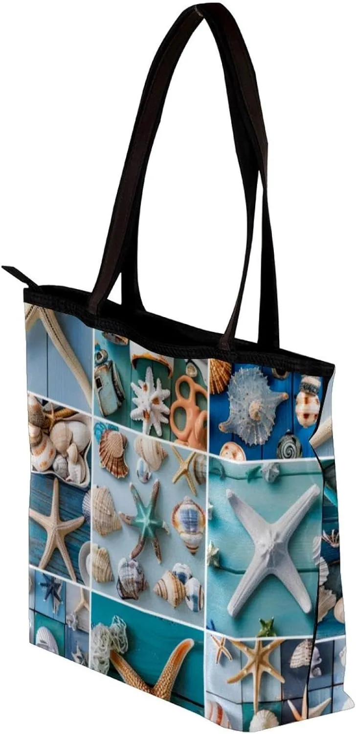 Tote Bags, Large Tote Bags for Women, Tote Bag with Zipper, Summer Nautical Anchor Starfish, Tote Bags Women