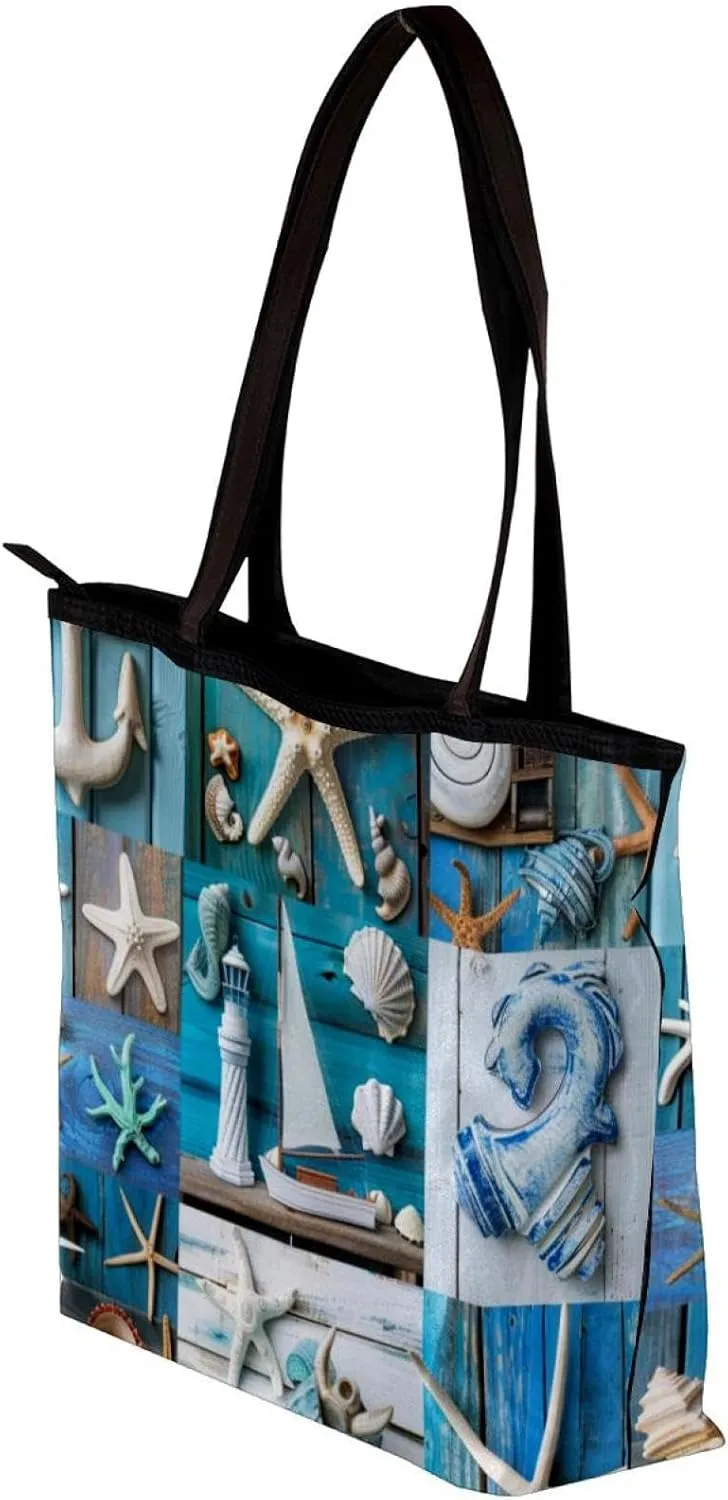 Tote Bags, Large Tote Bags for Women, Tote Bag with Zipper, Summer Nautical Anchor Starfish, Tote Bags Women