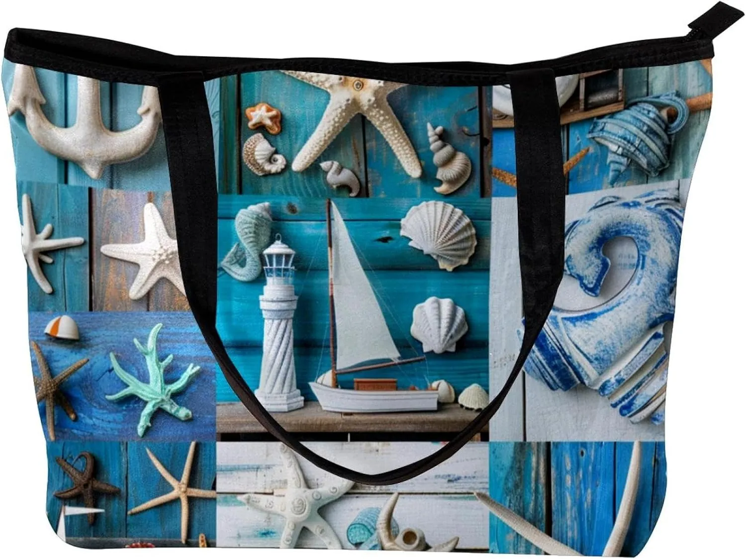 Tote Bags, Large Tote Bags for Women, Tote Bag with Zipper, Summer Nautical Anchor Starfish, Tote Bags Women