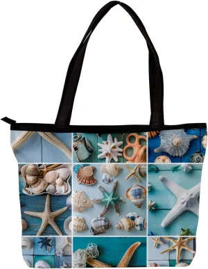Tote Bags, Large Tote Bags for Women, Tote Bag with Zipper, Summer Nautical Anchor Starfish, Tote Bags Women