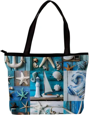 Tote Bags, Large Tote Bags for Women, Tote Bag with Zipper, Summer Nautical Anchor Starfish, Tote Bags Women