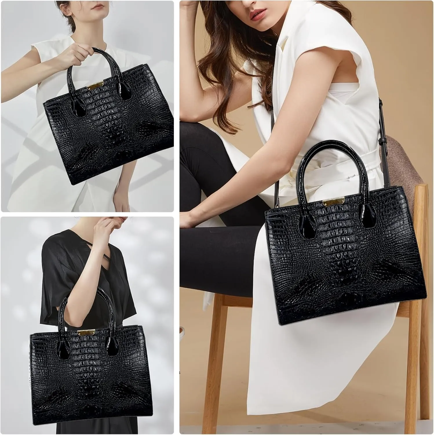 Tote Top-handle Handbags Patent PU Leather Women Purse Satchel Crocodile Pattern Shoulder Crossbody Bag 3 Pcs Set
