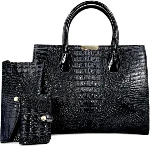Tote Top-handle Handbags Patent PU Leather Women Purse Satchel Crocodile Pattern Shoulder Crossbody Bag 3 Pcs Set