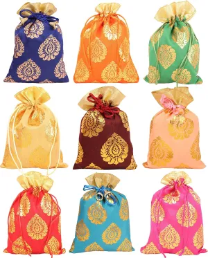 Touchstone Gorgeous Gift Wrapping bags reusable environment friendly Large Drawstring Ficus Leaf Print for birthdays, wedding, return present packing set. pack of 9. 7x5 inches