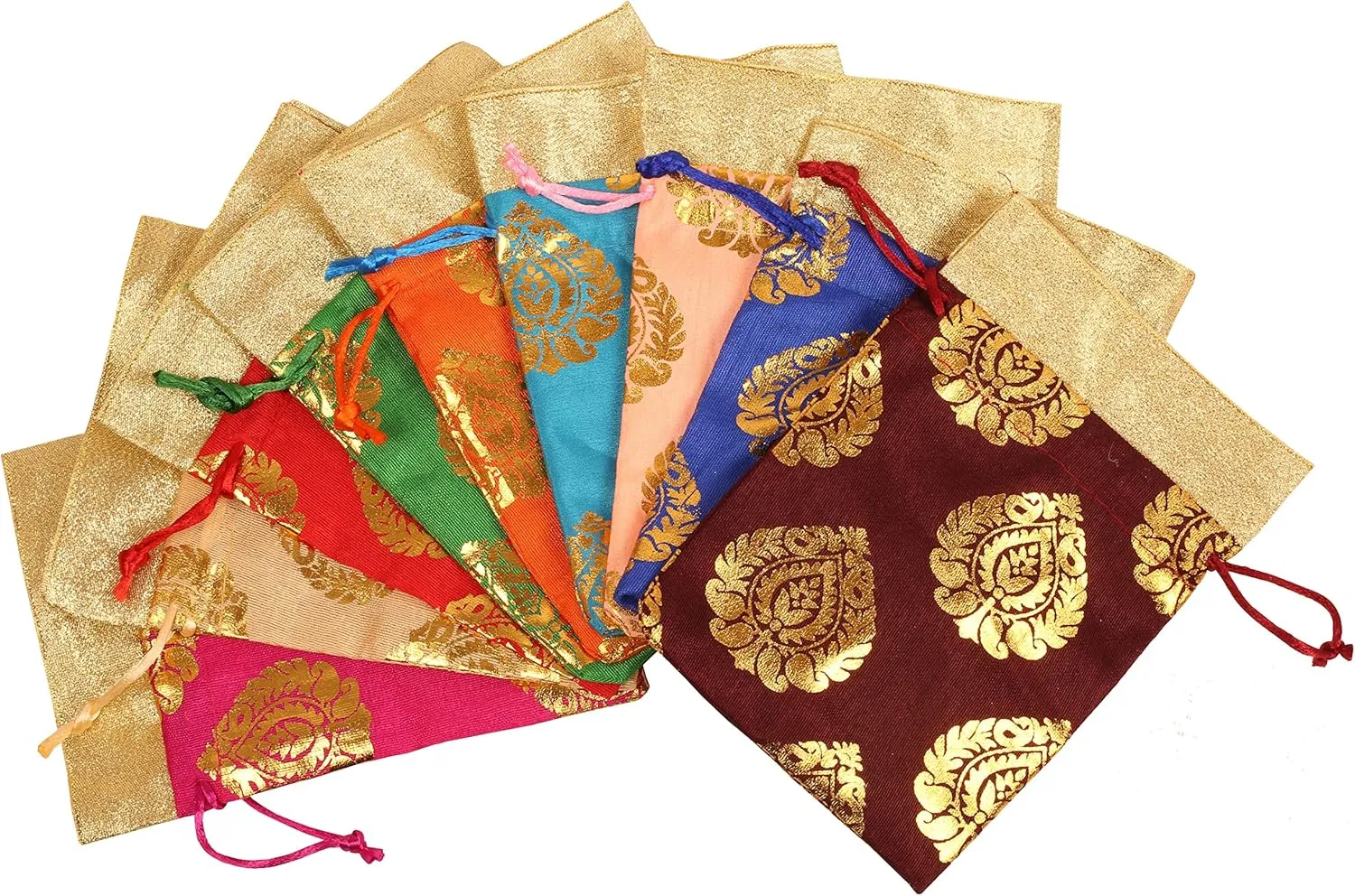 Touchstone Gorgeous Gift Wrapping bags reusable environment friendly Large Drawstring Ficus Leaf Print for birthdays, wedding, return present packing set. pack of 9. 7x5 inches