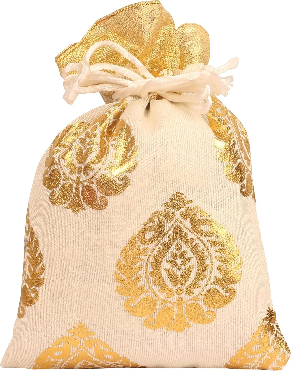 Touchstone Gorgeous Gift Wrapping bags reusable environment friendly Large Drawstring Ficus Leaf Print for birthdays, wedding, return present packing set. pack of 9. 7x5 inches