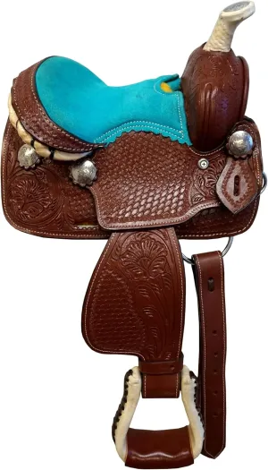 Traditional Western Mini Pony Trail Barrel Saddle 8" for Kids Youth Child Suede Seat Brown with Turquoise