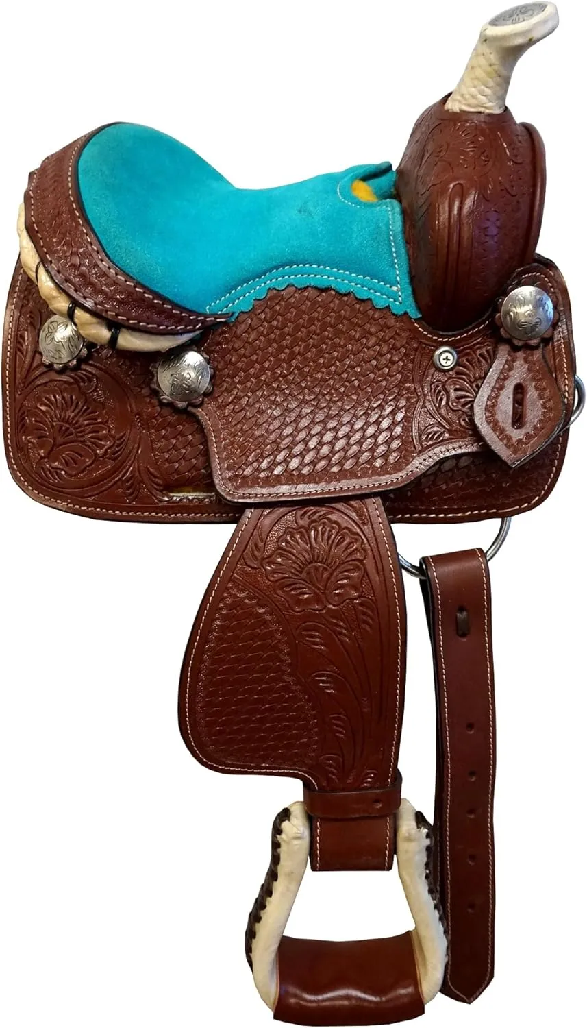 Traditional Western Mini Pony Trail Barrel Saddle 8" for Kids Youth Child Suede Seat Brown with Turquoise