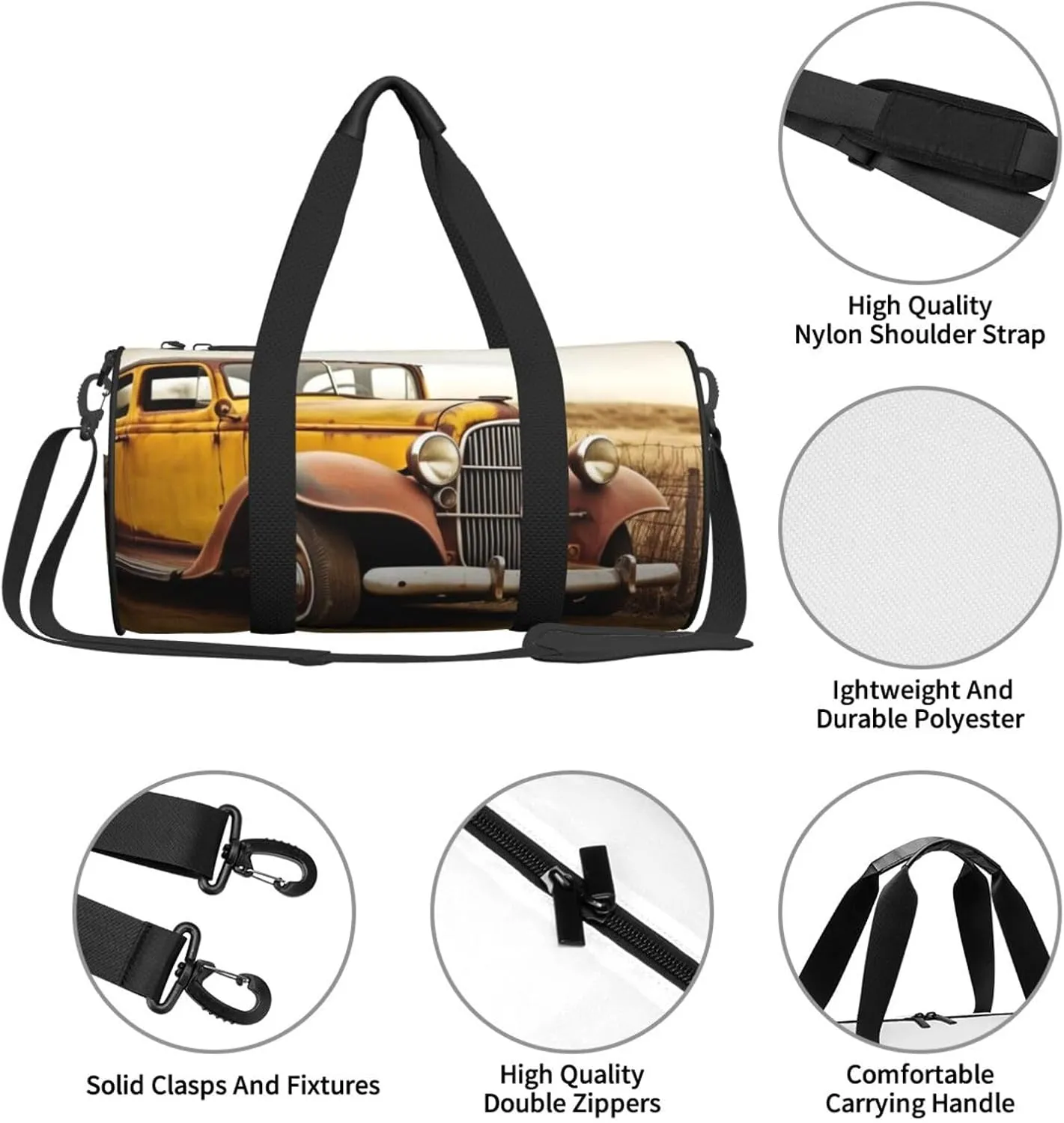 Travel Bag For Women,Antique Car Print Personal Item Duffle Bags,Weekend Travel Duffel Tote Bag,Travel Sport Gym Bag For Men,Airplane Travel Essentials For Flying