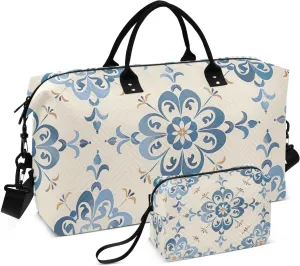 Travel Duffel Bag Large Weekender Overnight Bags for Women Men, Traditional Floral Pattern Gym Bag with Toiletry Bag