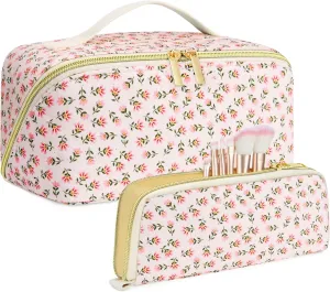 Travel Makeup Bag Set, 2Pcs Large Capacity Flower Make up Bag Quilted Cosmetic Bag for Girls, Red Flower Cute Travel Toiletry Bag for Women Wide Open Floral Cotton Stuff Bag Skin Care Bag