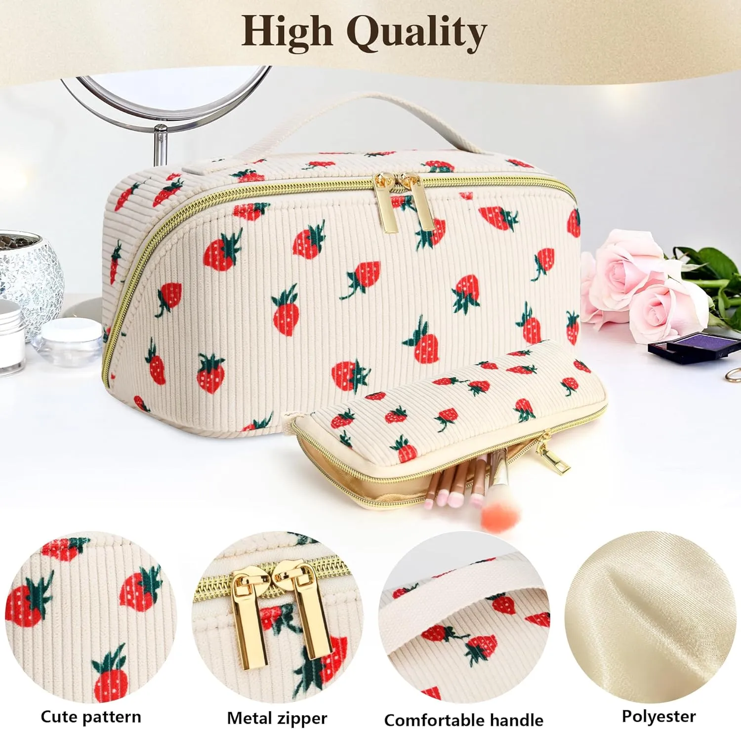 Travel Makeup Bag Set, 2Pcs Large Capacity Flower Make up Bag Quilted Cosmetic Bag for Girls, Red Flower Cute Travel Toiletry Bag for Women Wide Open Floral Cotton Stuff Bag Skin Care Bag