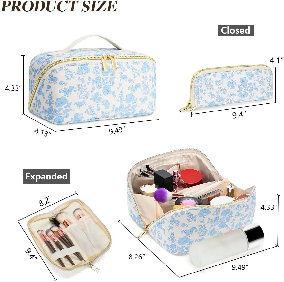 Travel Makeup Bag Set, 2Pcs Large Capacity Flower Make up Bag Quilted Cosmetic Bag for Girls, Red Flower Cute Travel Toiletry Bag for Women Wide Open Floral Cotton Stuff Bag Skin Care Bag