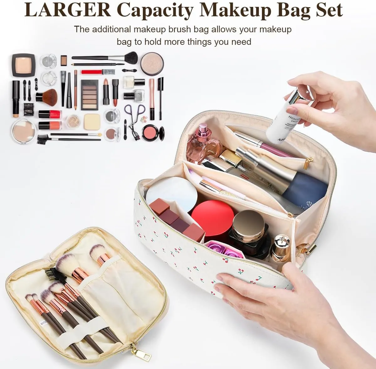 Travel Makeup Bag Set, 2Pcs Large Capacity Flower Make up Bag Quilted Cosmetic Bag for Girls, Red Flower Cute Travel Toiletry Bag for Women Wide Open Floral Cotton Stuff Bag Skin Care Bag