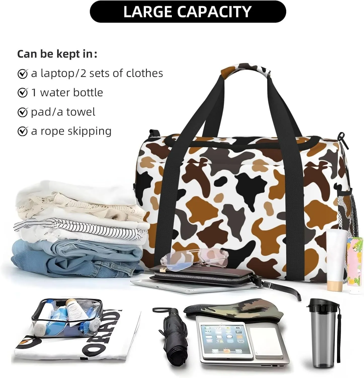 Travel Weekender Overnight Bags Brown Cow Print Foldable Hand Travel Bag Duffel Bag For Men Women Sport Gym