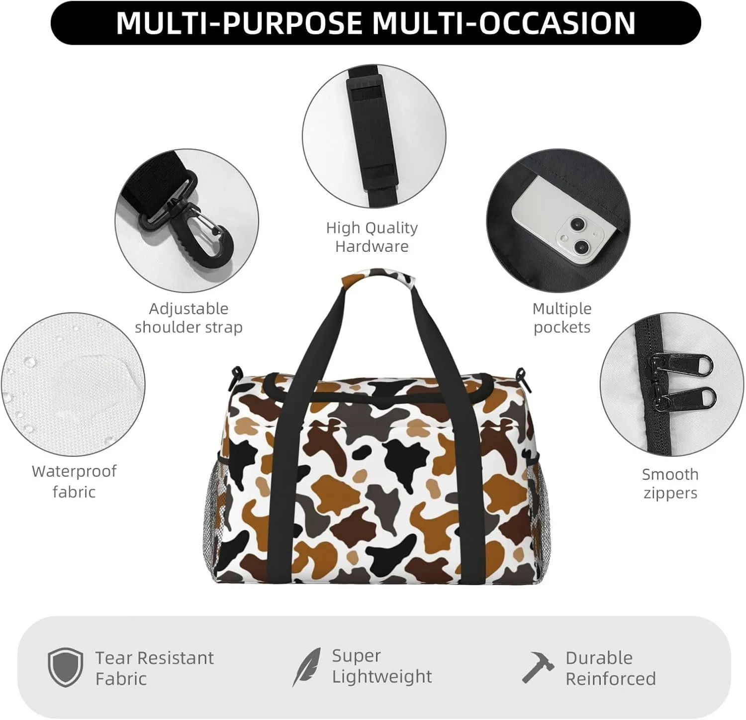 Travel Weekender Overnight Bags Brown Cow Print Foldable Hand Travel Bag Duffel Bag For Men Women Sport Gym