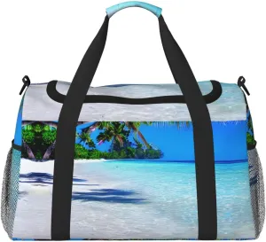 Tropical White Sand Beach and Ocean print Large Canvas Travel Duffel Bag Weekender Bags for Women Overnight Bag Carry On Tote Bag