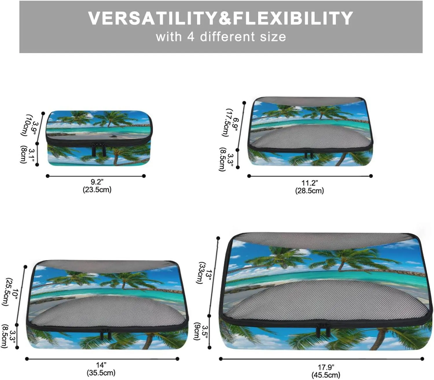 Tropical White Sandy Beach with Green Palm Tree and Turquoise Sea 4 PCs Set Packing Bags, Luggage Organizer Bag, Portable Cube Toiletry bag, Durable Travel Cosmetic Storage Bag for Men Women