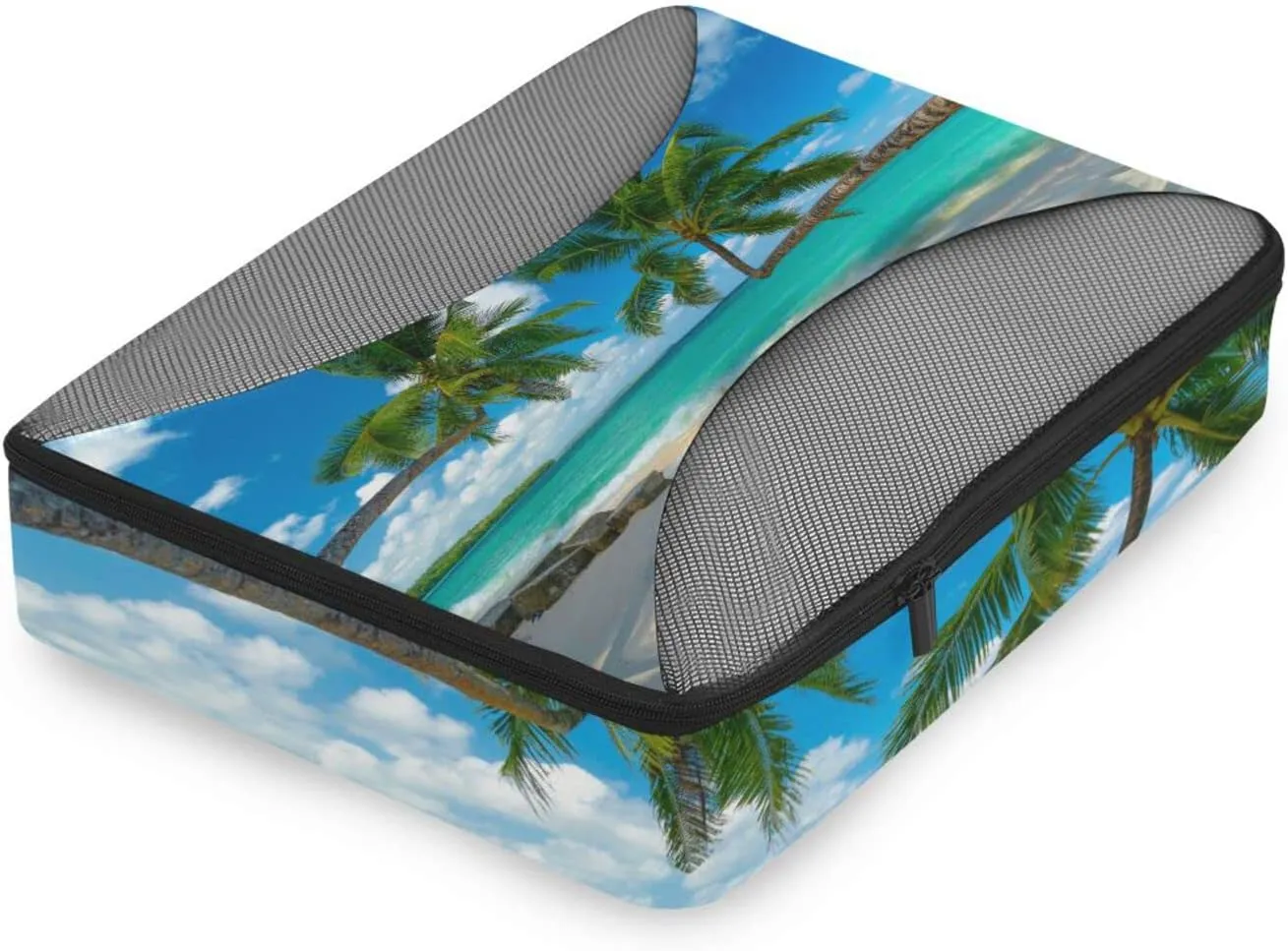 Tropical White Sandy Beach with Green Palm Tree and Turquoise Sea 4 PCs Set Packing Bags, Luggage Organizer Bag, Portable Cube Toiletry bag, Durable Travel Cosmetic Storage Bag for Men Women