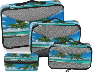 Tropical White Sandy Beach with Green Palm Tree and Turquoise Sea 4 PCs Set Packing Bags, Luggage Organizer Bag, Portable Cube Toiletry bag, Durable Travel Cosmetic Storage Bag for Men Women