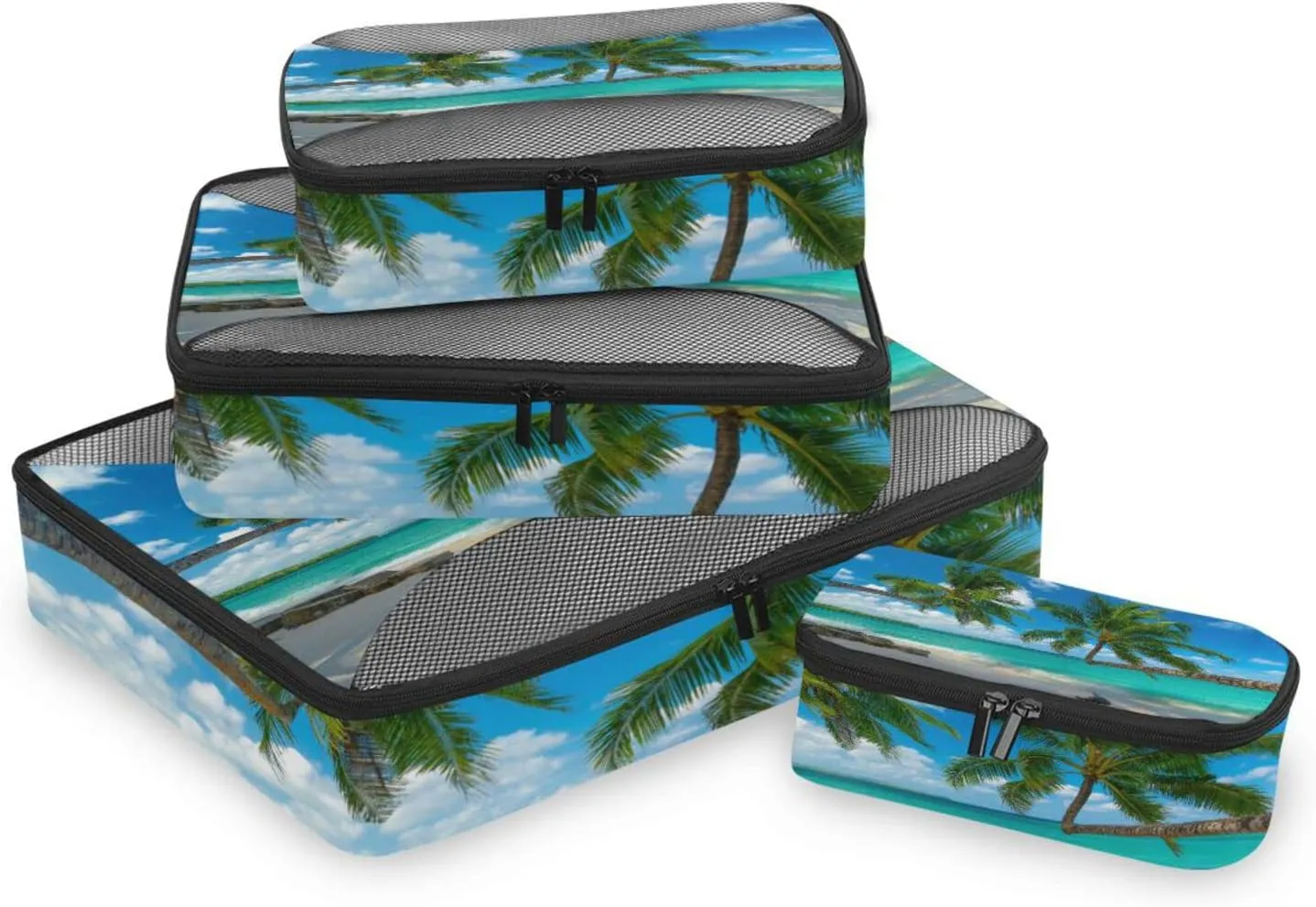 Tropical White Sandy Beach with Green Palm Tree and Turquoise Sea 4 PCs Set Packing Bags, Luggage Organizer Bag, Portable Cube Toiletry bag, Durable Travel Cosmetic Storage Bag for Men Women
