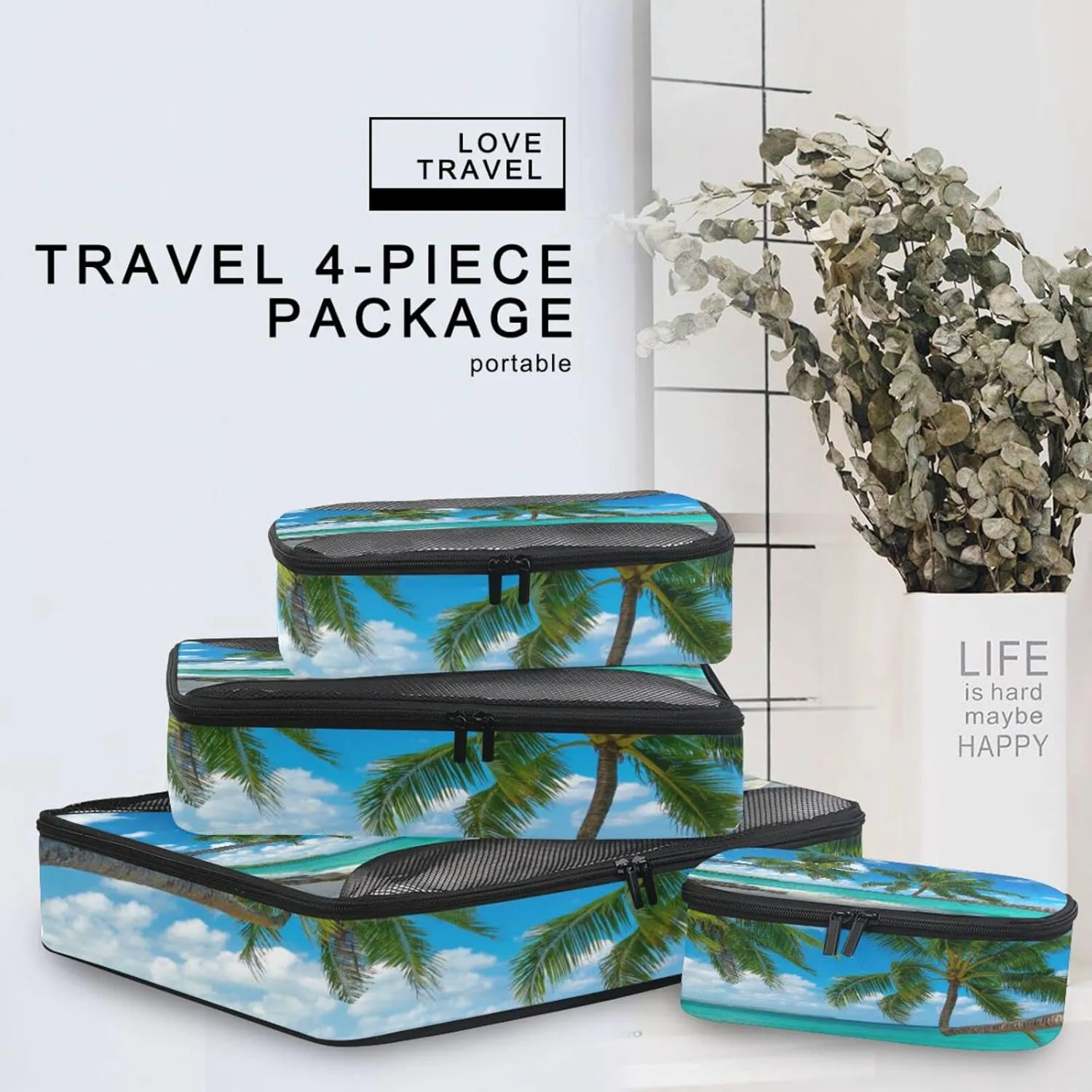 Tropical White Sandy Beach with Green Palm Tree and Turquoise Sea 4 PCs Set Packing Bags, Luggage Organizer Bag, Portable Cube Toiletry bag, Durable Travel Cosmetic Storage Bag for Men Women