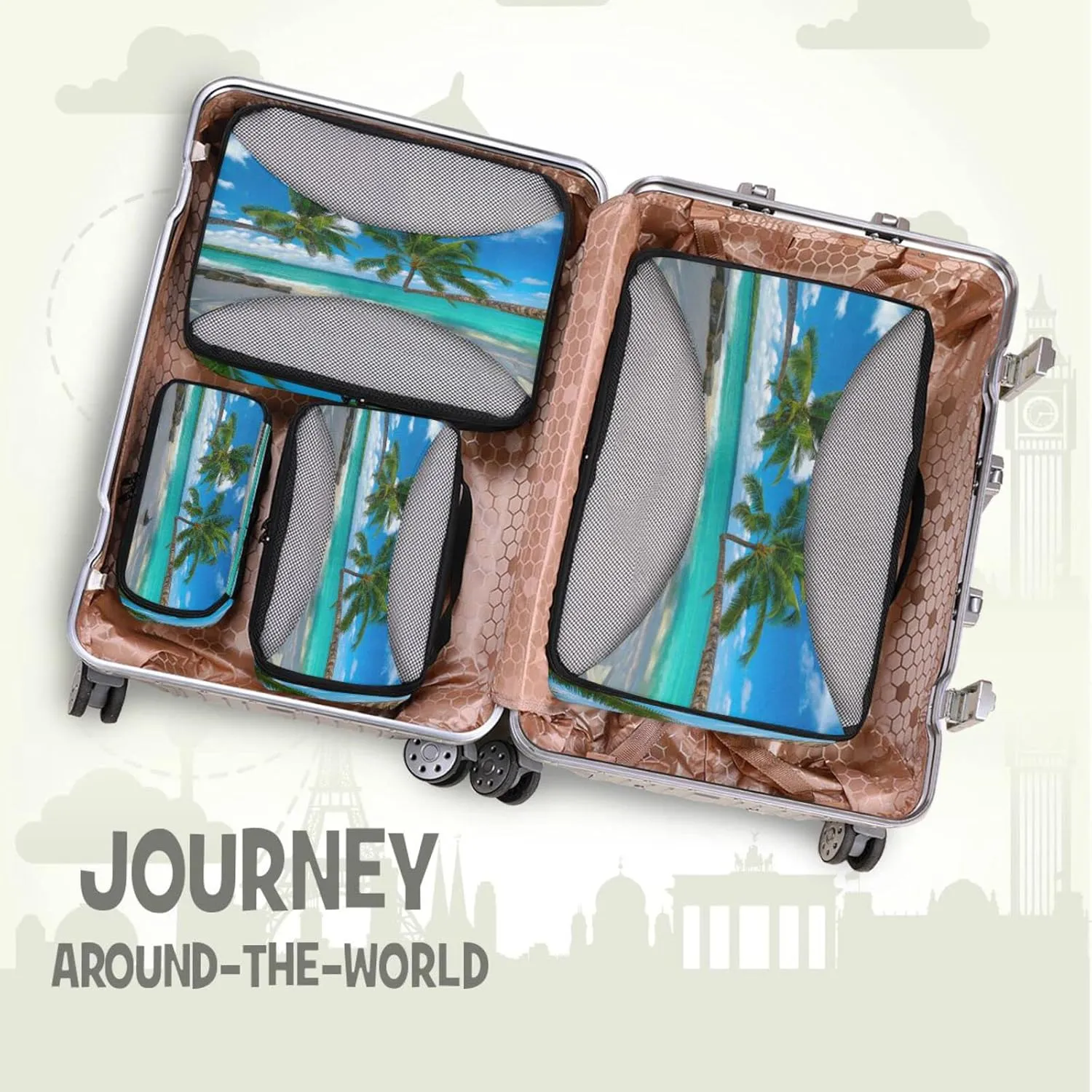 Tropical White Sandy Beach with Green Palm Tree and Turquoise Sea 4 PCs Set Packing Bags, Luggage Organizer Bag, Portable Cube Toiletry bag, Durable Travel Cosmetic Storage Bag for Men Women