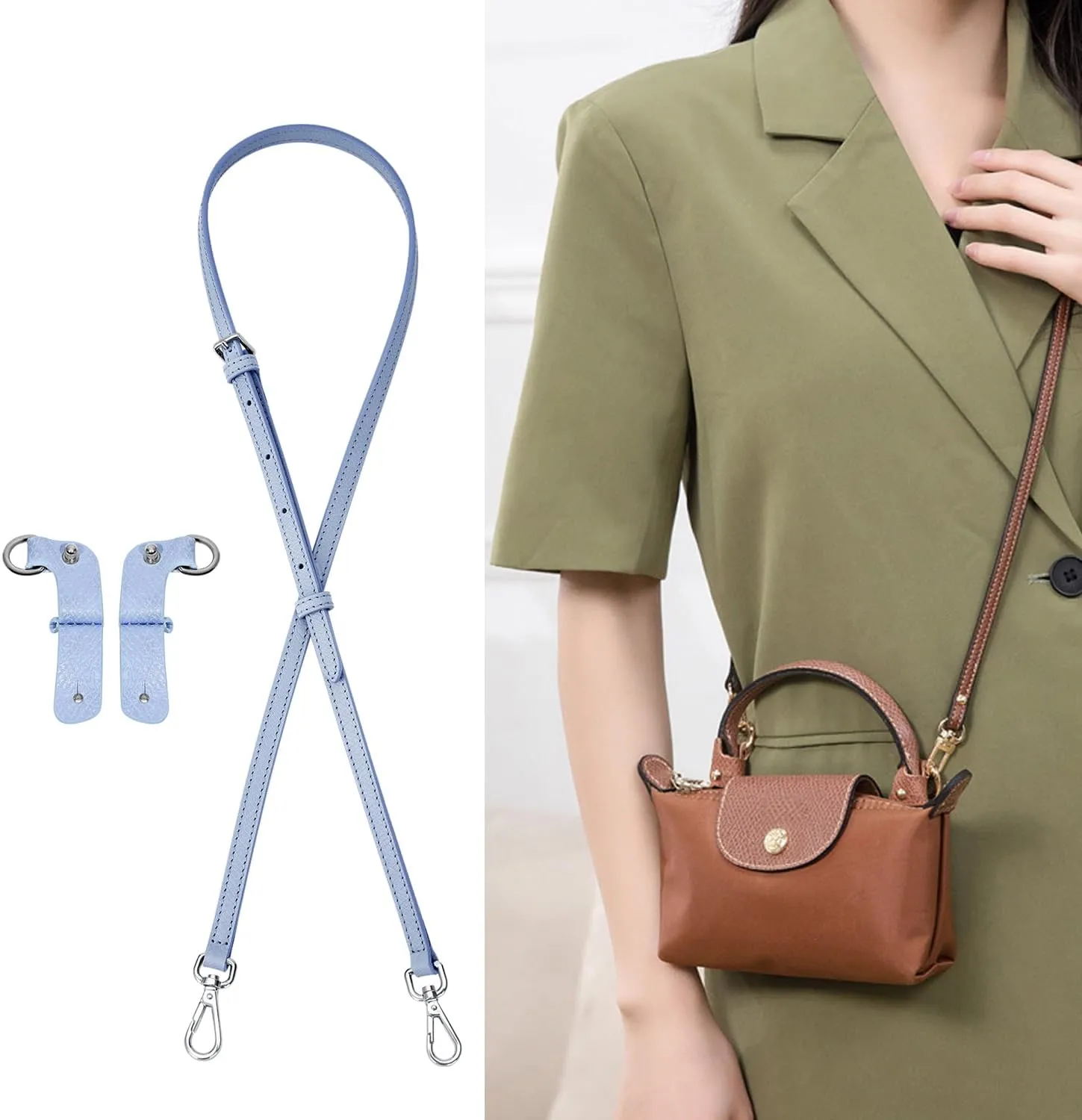TUKYWAN Bags Leather Shoulder Strap for Longchamp Mini Bag,Bag Transformation Set Handbag Strap Adjustable with 2Pcs D Rings for DIY(Strap Set,Taro Purple)