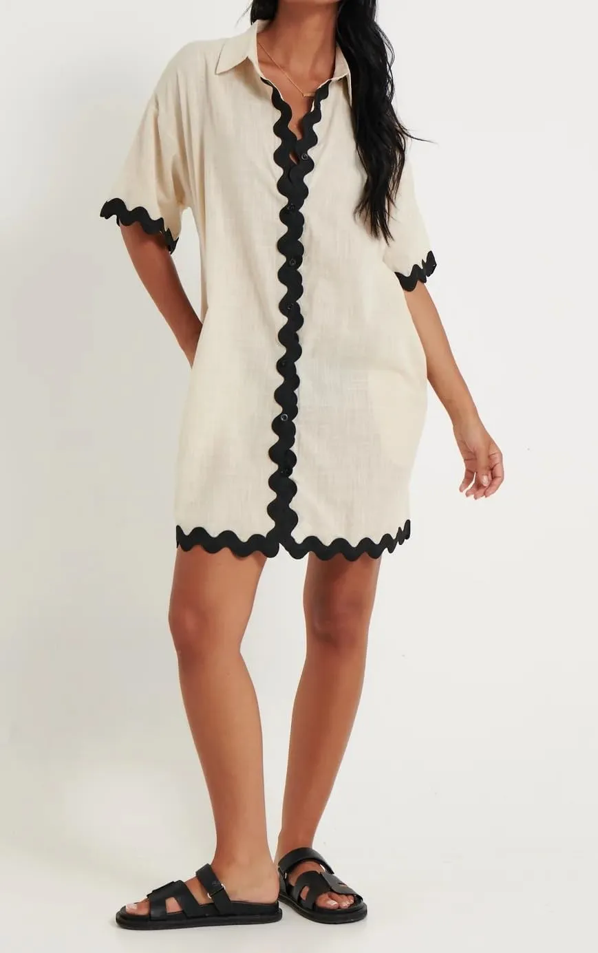 UAURORAO Women Button Down Shirt Dress Half Sleeve Rickrack Trim Mini Dress Casual Scallop Edge Shift Dress with Pockets