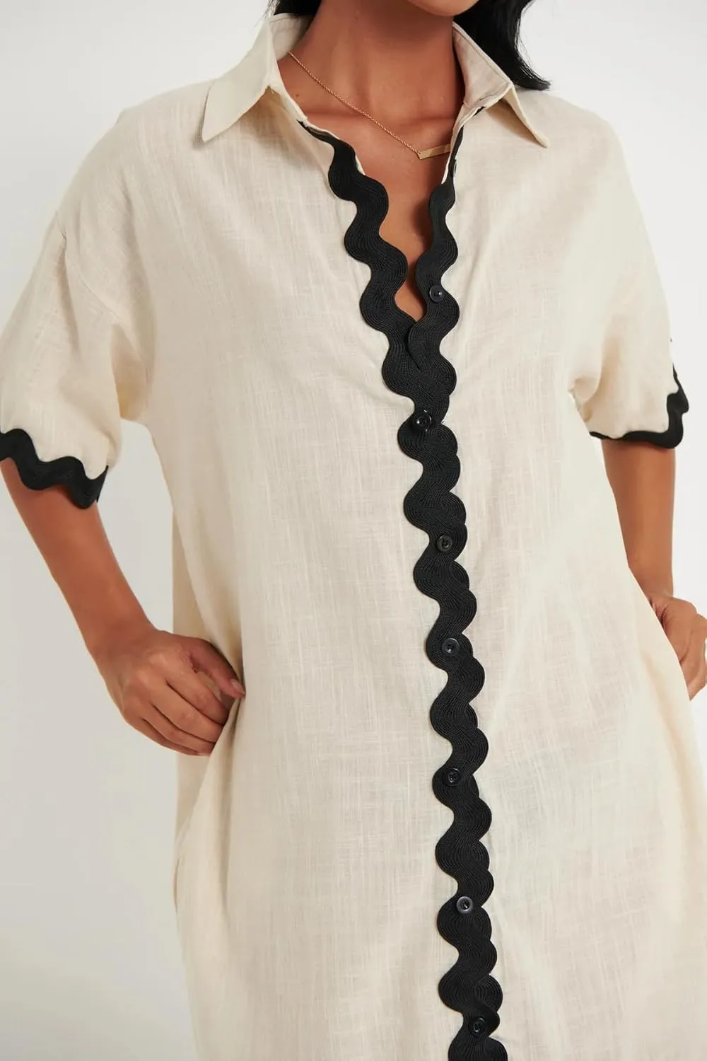 UAURORAO Women Button Down Shirt Dress Half Sleeve Rickrack Trim Mini Dress Casual Scallop Edge Shift Dress with Pockets