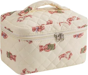 uekeboag 2 pcs Large Floral Quilted Makeup Bag Set for Women, Cotton Quilted Big Cosmetic Bag, Coquette Aesthetic Cute Travel Toiletry Bag