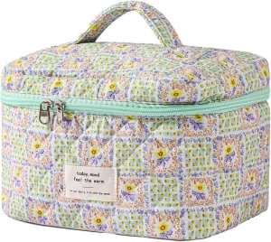 uekeboag Large Travel Quilted Makeup Bag for Women, Floral Cotton Cosmetic Bag, Coquette Aesthetic Floral Toiletry Organizer Bag