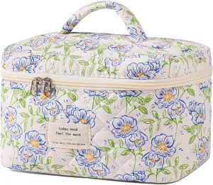 uekeboag Large Travel Quilted Makeup Bag for Women, Floral Cotton Cosmetic Bag, Coquette Aesthetic Floral Toiletry Organizer Bag