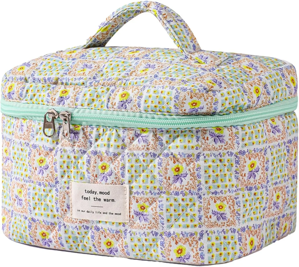 uekeboag Large Travel Quilted Makeup Bag for Women, Floral Cotton Cosmetic Bag, Coquette Aesthetic Floral Toiletry Organizer Bag
