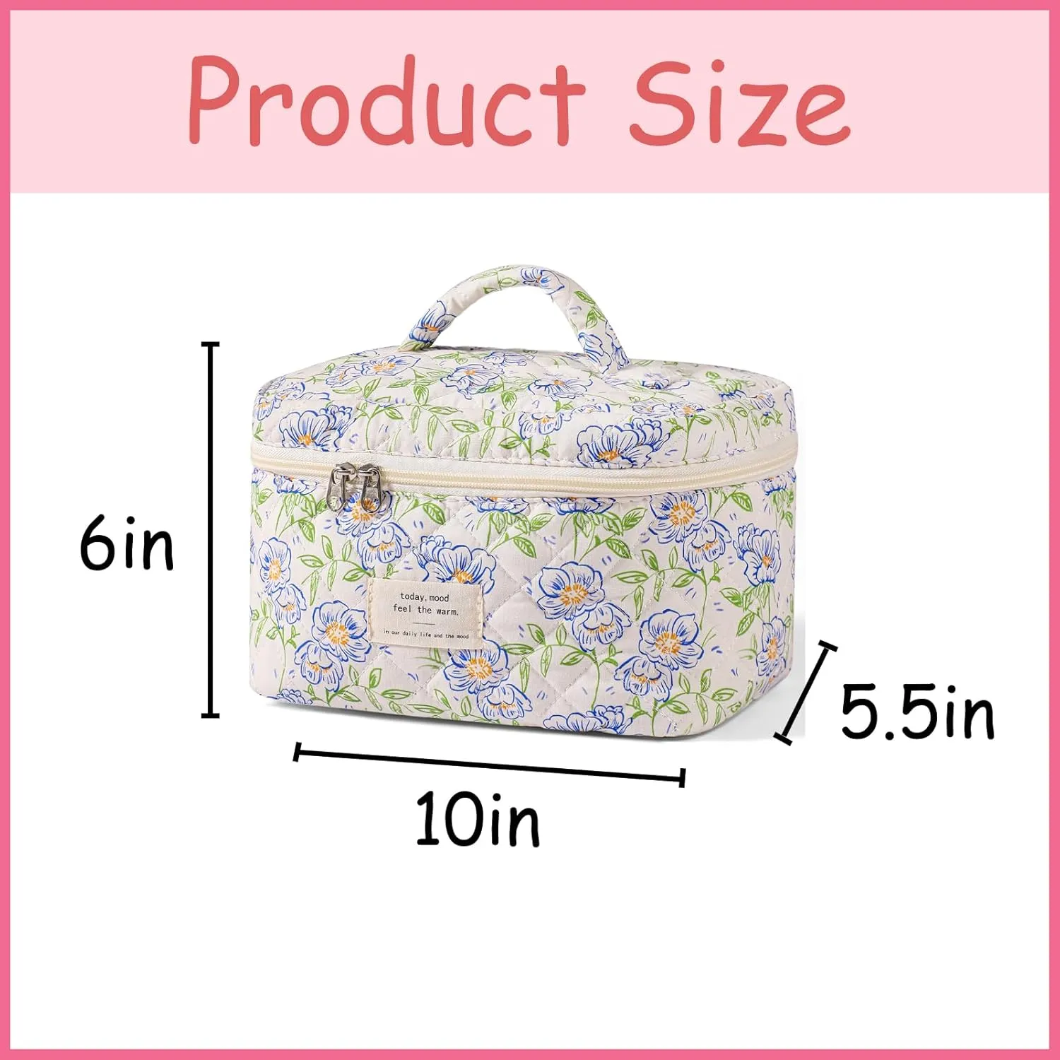 uekeboag Large Travel Quilted Makeup Bag for Women, Floral Cotton Cosmetic Bag, Coquette Aesthetic Floral Toiletry Organizer Bag