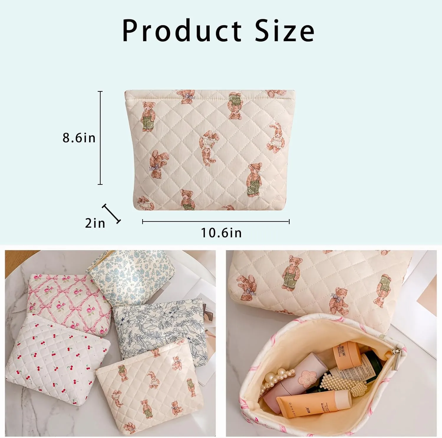 uekeboag Quilted Floral Cotton Makeup Pouch,Coquette Quilted Cosmetic Bag for Women and Girls, Aesthetic Organizer Bag, Flower Cute Travel Toiletry Bags(13White Bear)