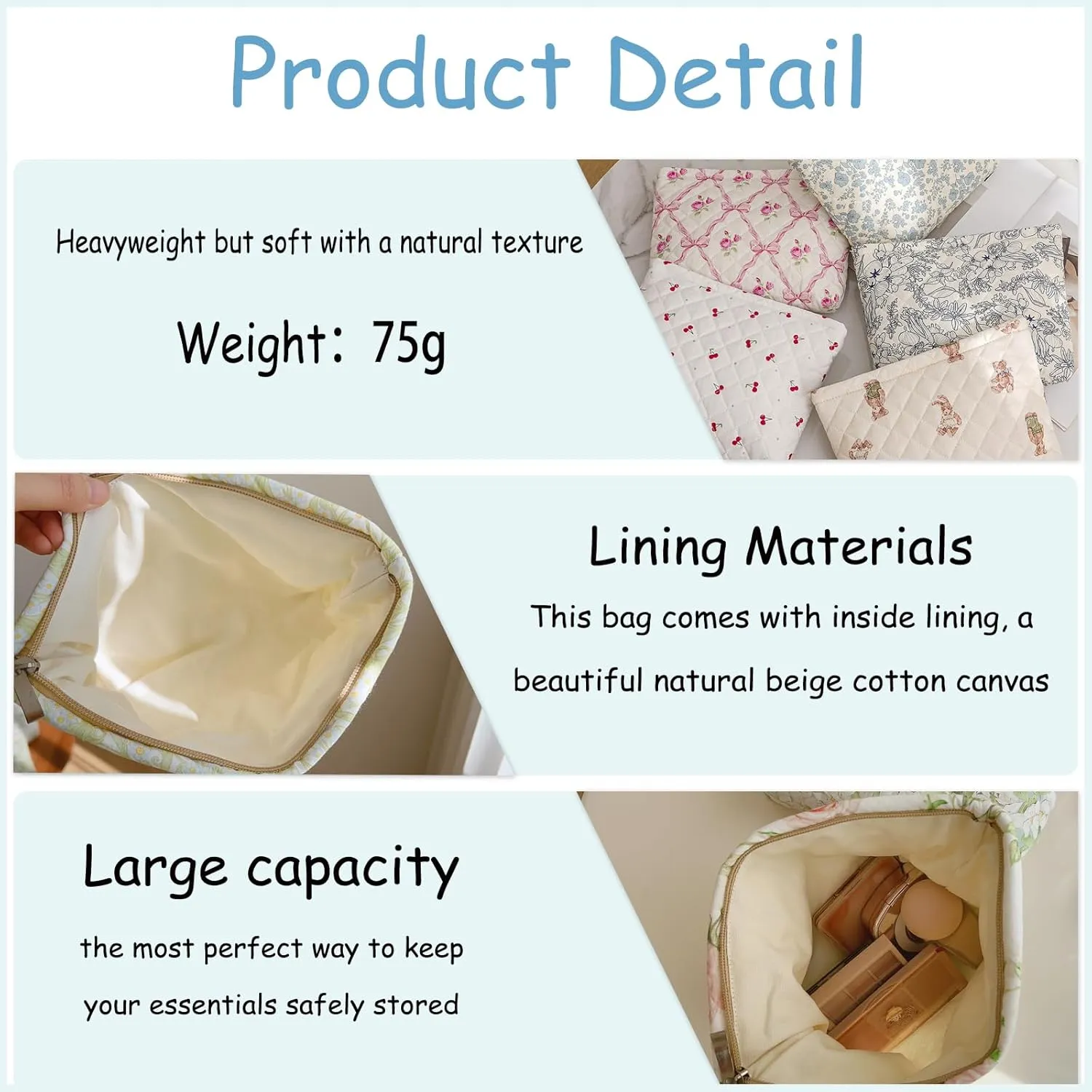 uekeboag Quilted Floral Cotton Makeup Pouch,Coquette Quilted Cosmetic Bag for Women and Girls, Aesthetic Organizer Bag, Flower Cute Travel Toiletry Bags(13White Bear)