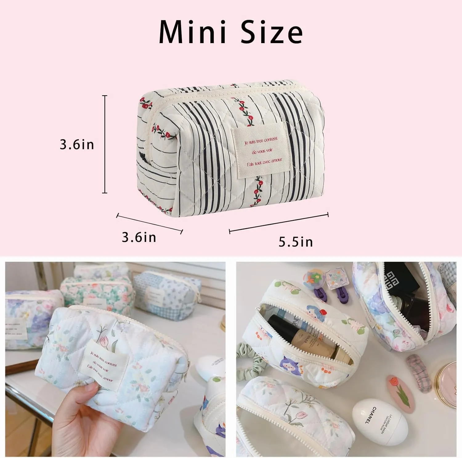 uekeboag Small Cute Floral Quilted Cotton Makeup Bag,Mini Coquette Quilted Cosmetic Pouch with Zipper,Kawaii Travel Toiletry Bags for Purse(05 Striated Cherry)
