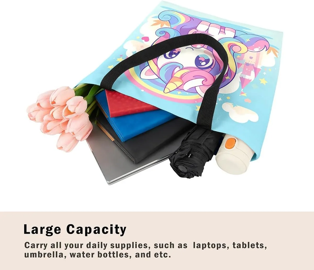 Unicorn Canvas Tote Bag Unicorns Foldable Handbag Cute Rainbow Cartoon Horse Canvas Bag Kawaii Shoulder Bag
