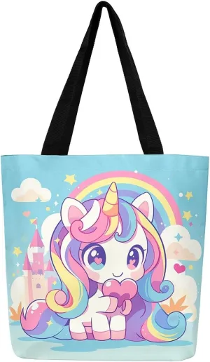 Unicorn Canvas Tote Bag Unicorns Foldable Handbag Cute Rainbow Cartoon Horse Canvas Bag Kawaii Shoulder Bag