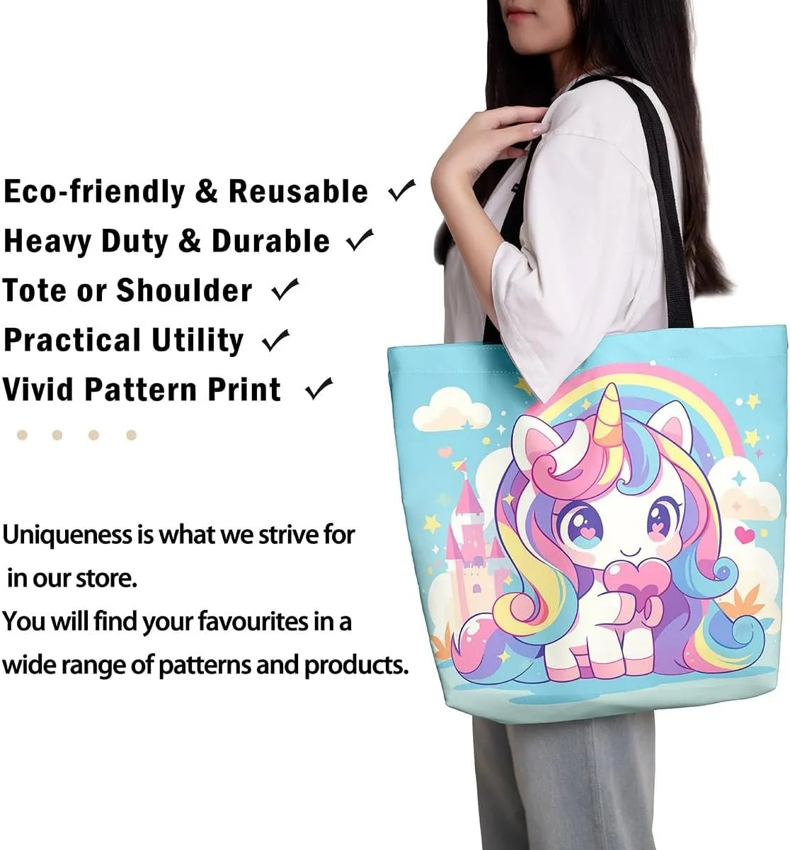 Unicorn Canvas Tote Bag Unicorns Foldable Handbag Cute Rainbow Cartoon Horse Canvas Bag Kawaii Shoulder Bag