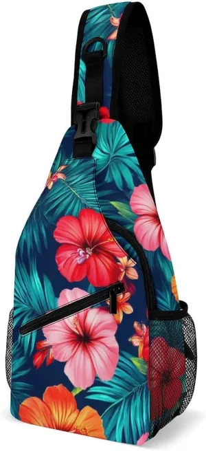 Unisex Hawaiian Colorful Hibiscus Flowers Tropical Palm Tree Leaves Crossbody Backpack, Cool Large Capacity Sling Bag Shoulder Pack, Multi-pockets and Buckles Chest Bags with Adjustable Strap