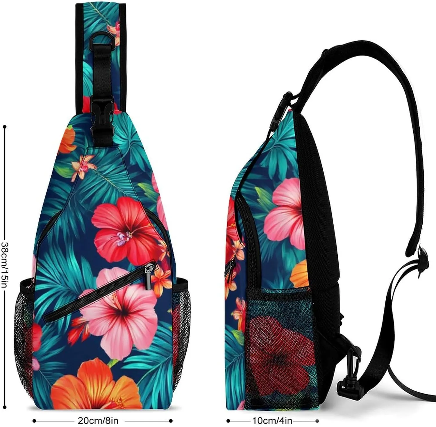 Unisex Hawaiian Colorful Hibiscus Flowers Tropical Palm Tree Leaves Crossbody Backpack, Cool Large Capacity Sling Bag Shoulder Pack, Multi-pockets and Buckles Chest Bags with Adjustable Strap